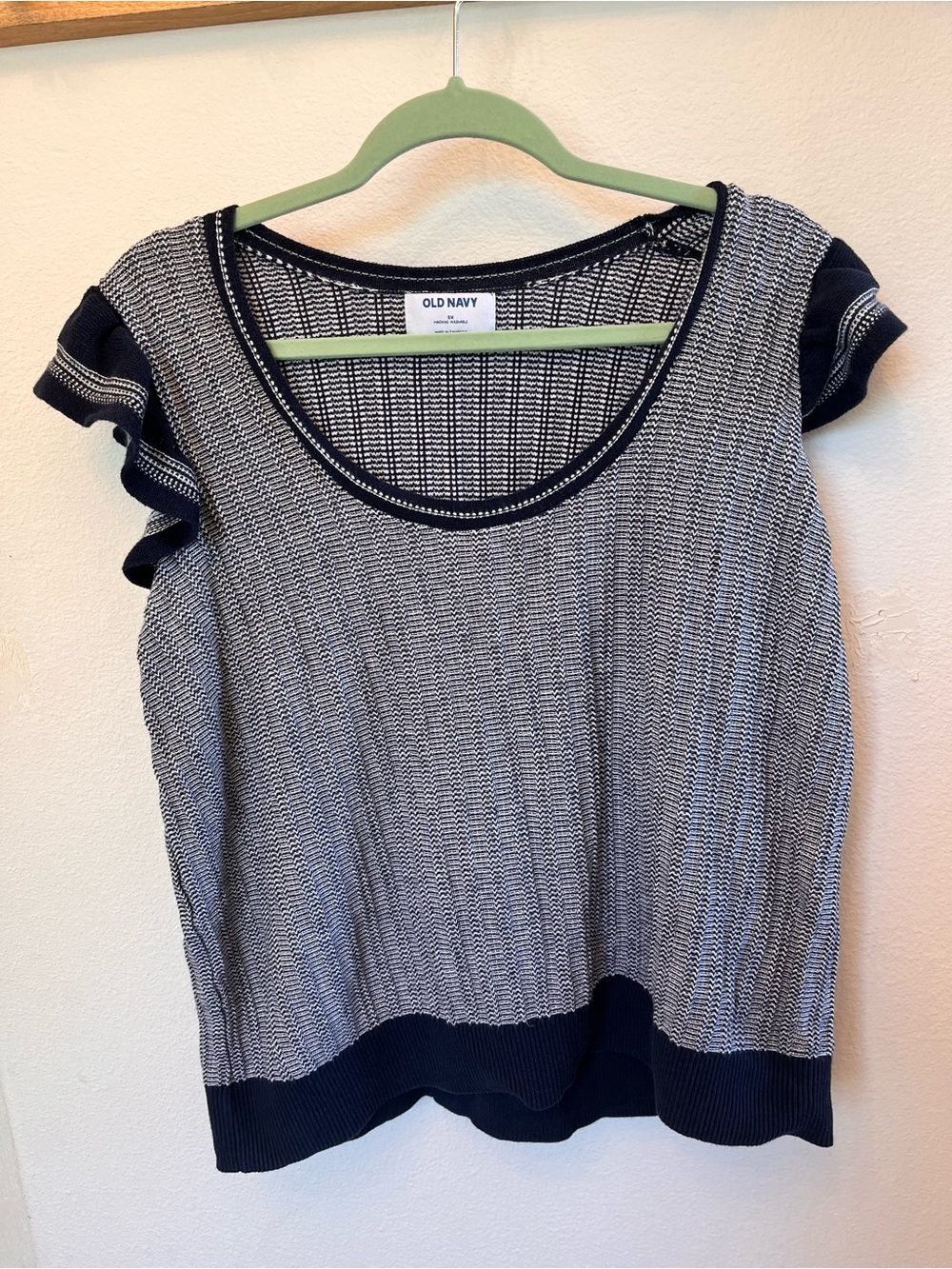 Old Navy Navy Blue and White Knit Ruffle Sleeve Top